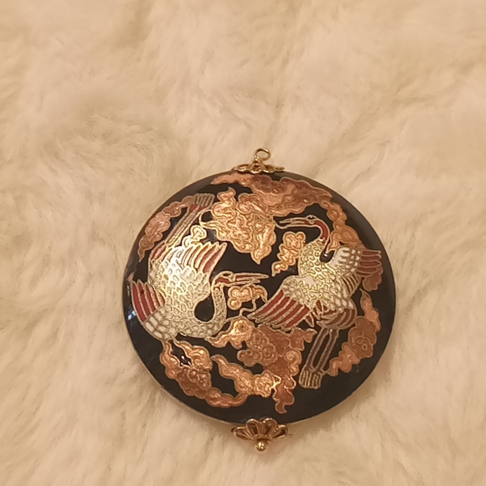 Vintage Oriental black round crane pendant